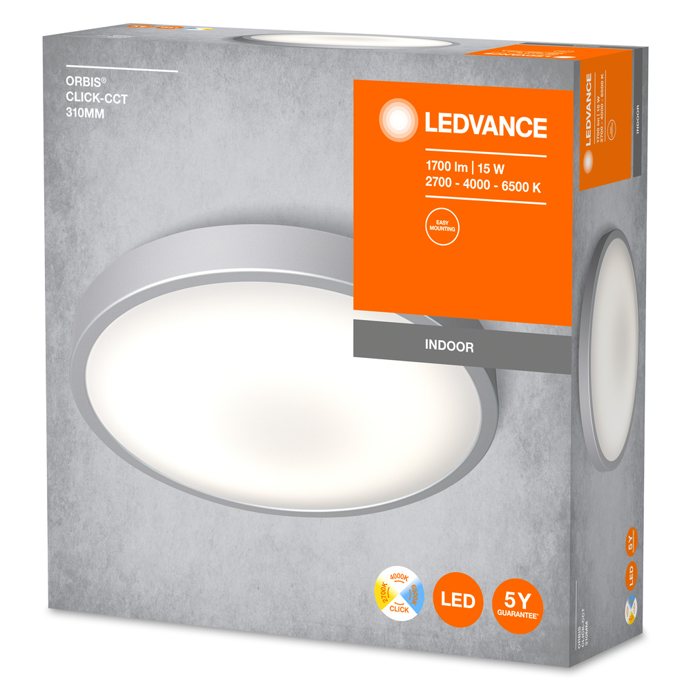 Eine LEDVANCE-Lichtbox. Die Box zeigt das Produkt mit Spezifikationen wie Helligkeit, Farbtemperatur und 5 Jahre Garantie.
