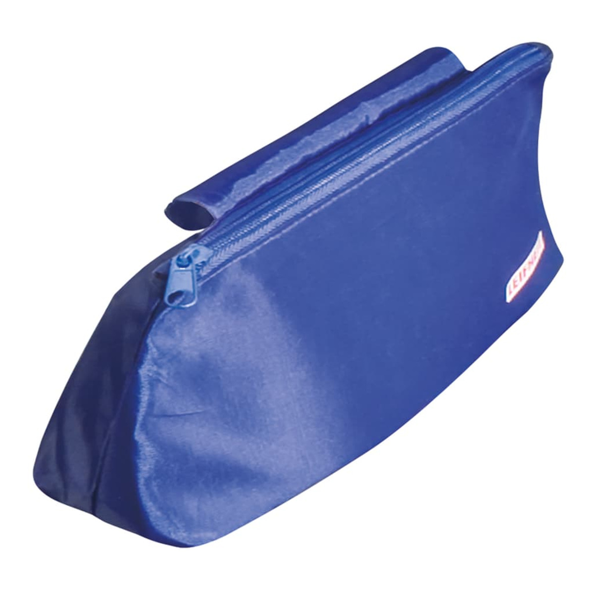 Ein blaues Federmäppchen mit Reißverschluss auf weißem Hintergrund. Das Etui hat einen Griff und ein kleines Etikett.