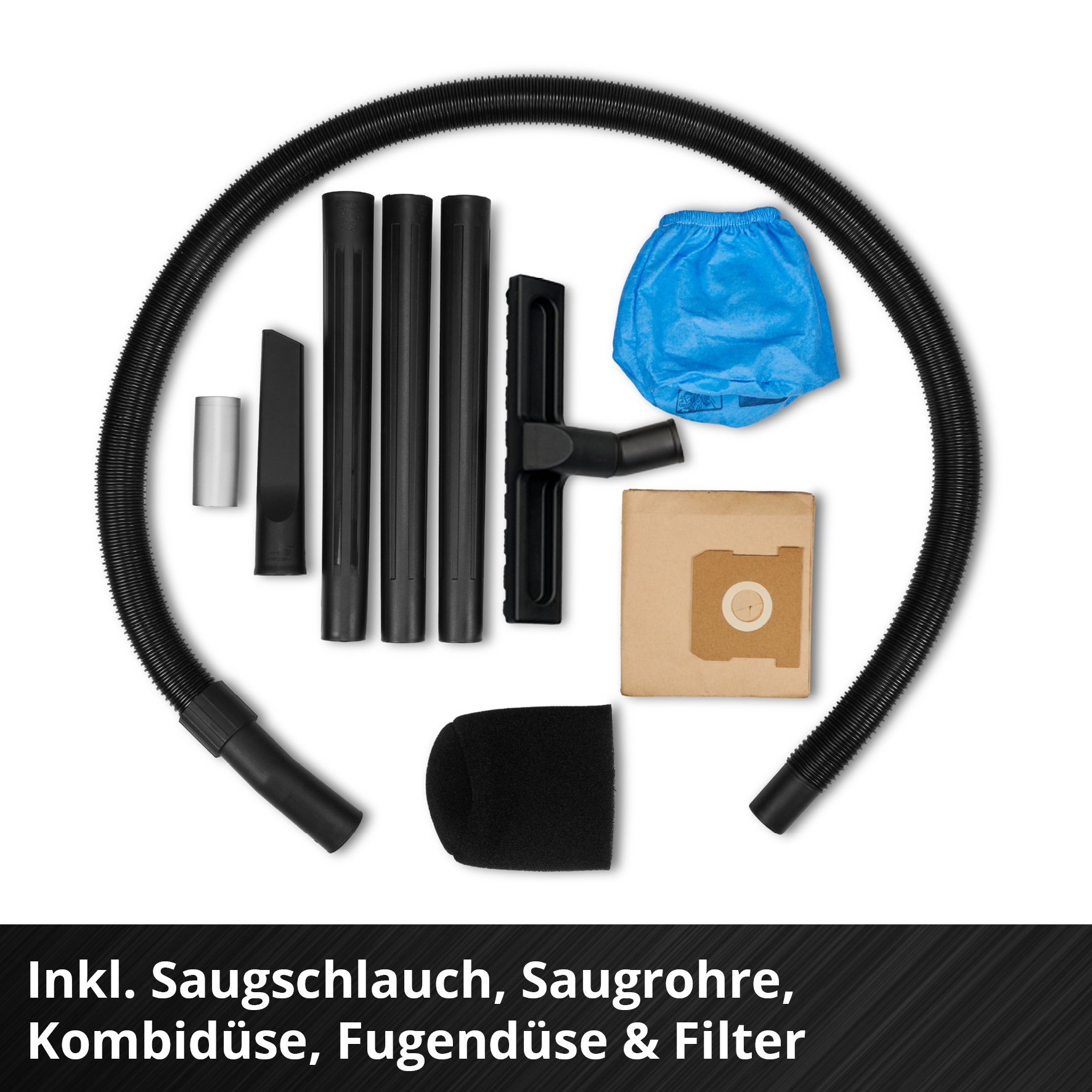 Staubsaugerteile angeordnet: Schlauch, Rohre, Düse, Filter, blaue Tasche, schwarze und silberne Teile auf weißem Grund.