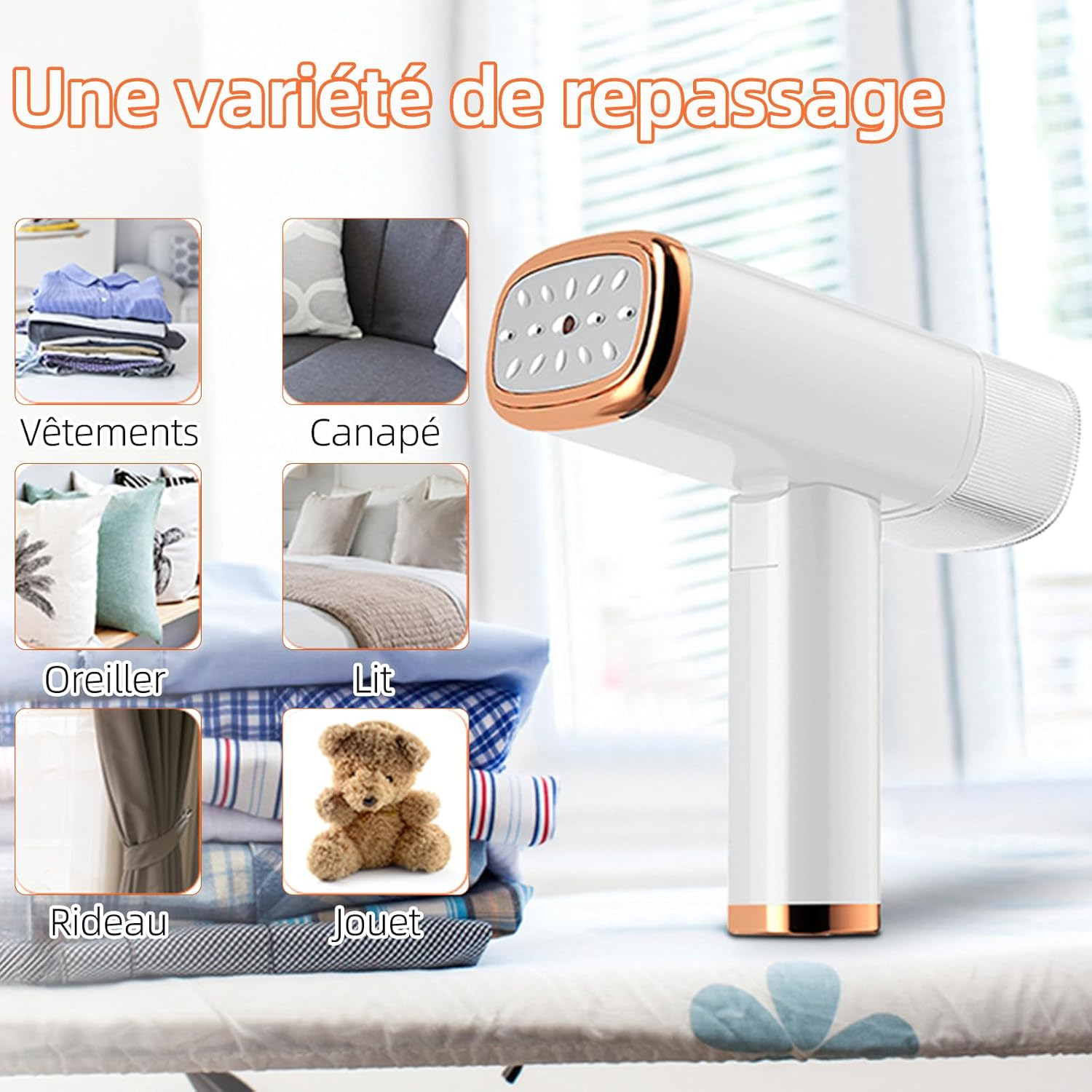 Ein Bild zeigt einen weißen und goldenen Dampfgarer, umgeben von kleinen Bildern von Gegenständen, die gedämpft werden können: Kleidung, Sofa, Kissen, Bett, Vorhänge, Spielzeug.
