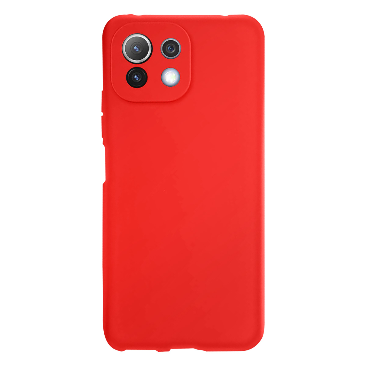 Una custodia rossa per telefono con modulo fotocamera. Sono visibili quattro obiettivi e un flash in alto. Lo sfondo è bianco.