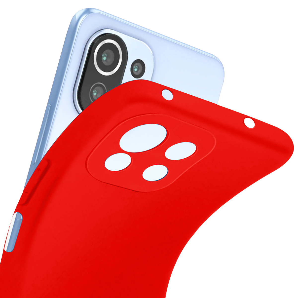 Una custodia rossa per telefono è sopra un telefono azzurro. La custodia ha ritagli per la fotocamera e i pulsanti. Sfondo bianco.