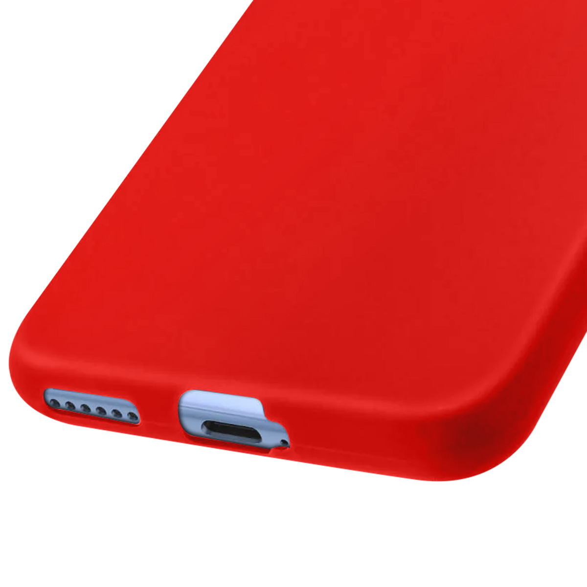 Primo piano di una custodia rossa per telefono. La custodia presenta fori per altoparlanti e una porta di ricarica. Lo sfondo è bianco.
