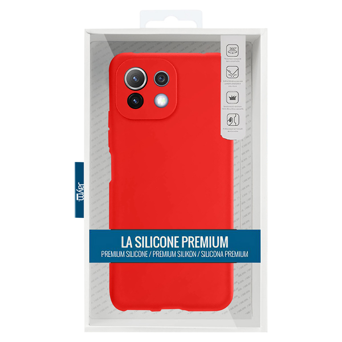 Custodia per telefono in silicone rosso in una scatola trasparente. La custodia ha fori per la fotocamera. Il testo "LA SILICONE PREMIUM" è sulla confezione.
