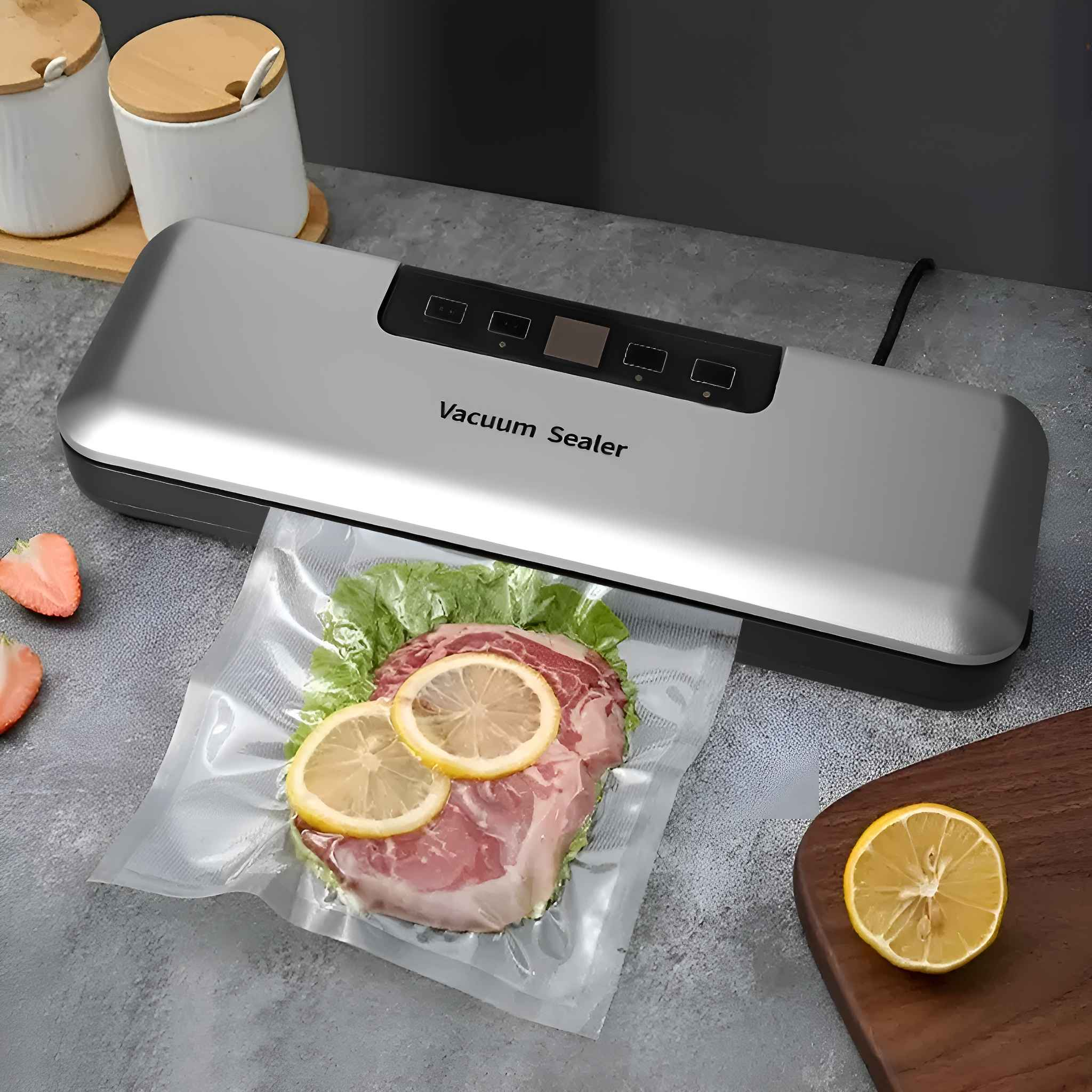 Vakuumiergerät mit Fleisch, Zitronenscheiben und Salat in einem Beutel. Enthält Erdbeeren, eine Zitronenhälfte und Behälter im Hintergrund.