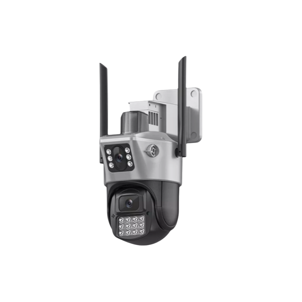 Eine silber-schwarze Überwachungskamera mit zwei Antennen, einem Objektiv und LED-Leuchten, montiert auf einem weißen Halter, vor schwarzem Hintergrund.