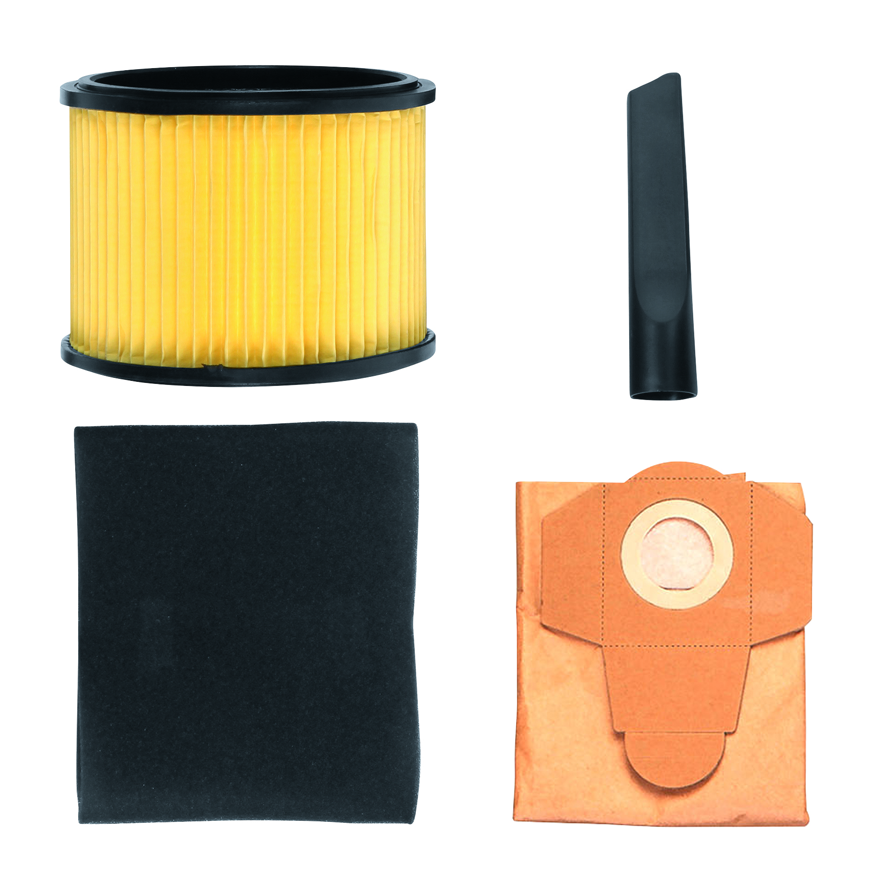 Une image présente des pièces d'aspirateur : un filtre jaune, une buse noire, de la mousse noire et un sac filtrant en papier brun.