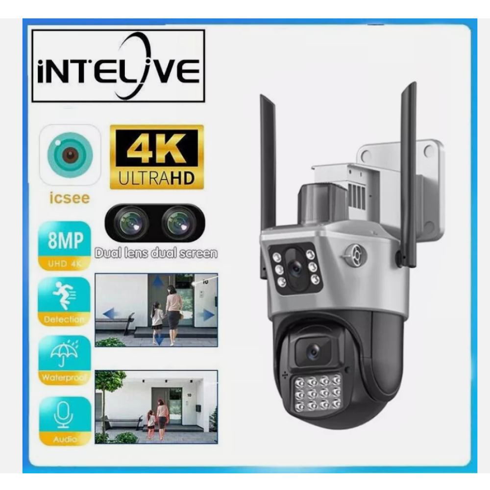 Eine Überwachungskamera mit Funktionen wie 4K, 8MP, Dual-Objektiv, Erkennung, wasserdicht und Audio. Sie zeigt eine Familie, die in ein Haus geht.