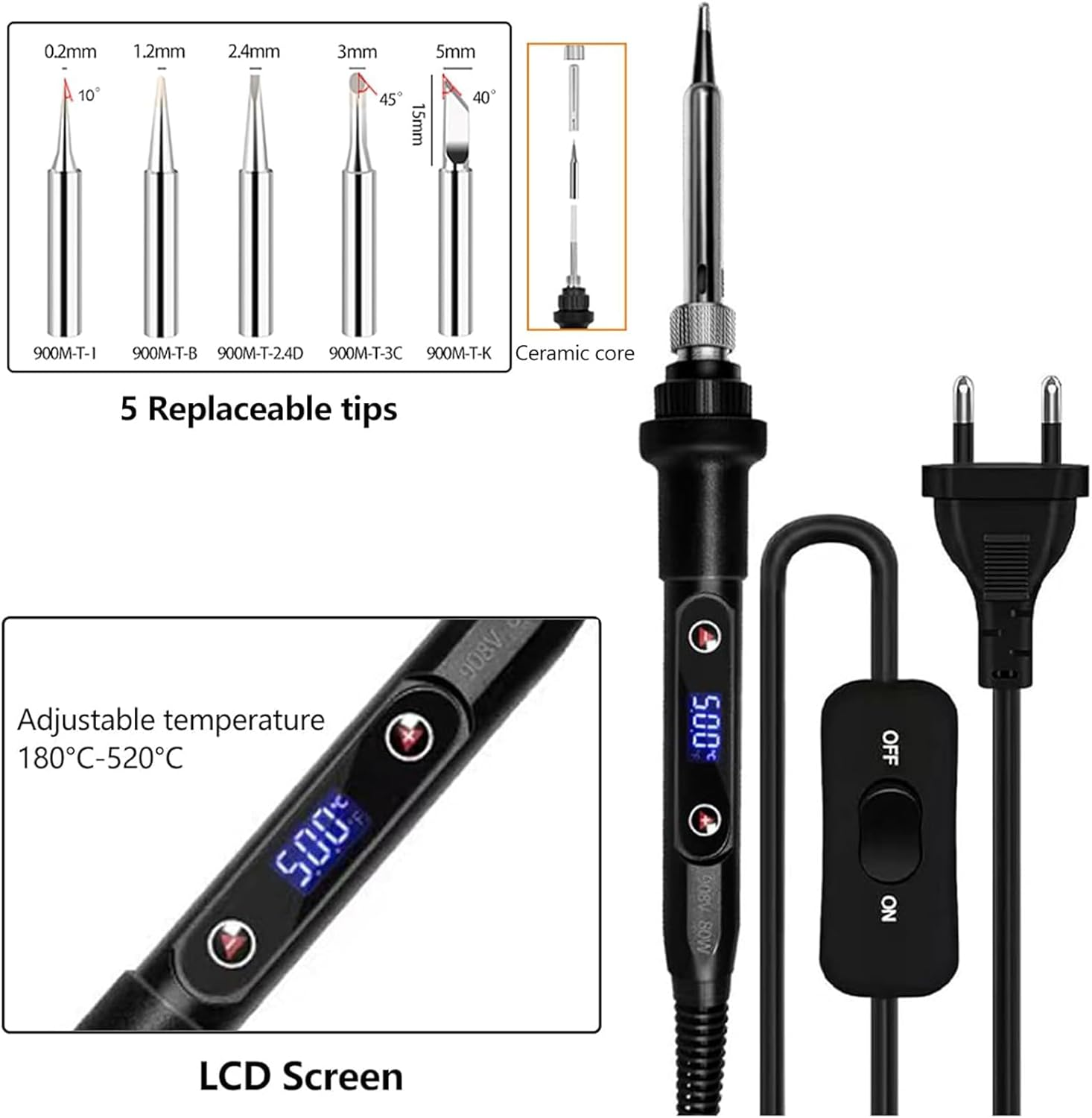 Lötkolben mit austauschbaren Spitzen und einem LCD-Bildschirm, der die Temperatur anzeigt. Enthält Netzkabel und Ein-/Ausschalter.