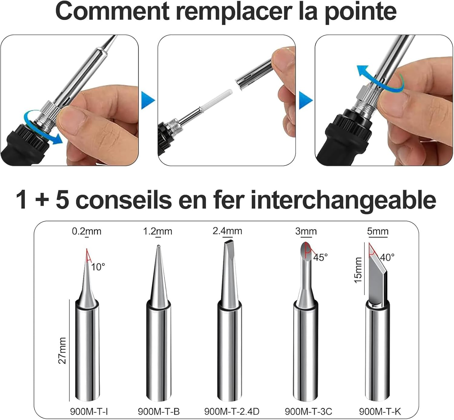 Das Bild zeigt, wie man eine Lötkolbenspitze austauscht. Es enthält Diagramme und Abmessungen verschiedener Spitzentypen für verschiedene Anwendungen.