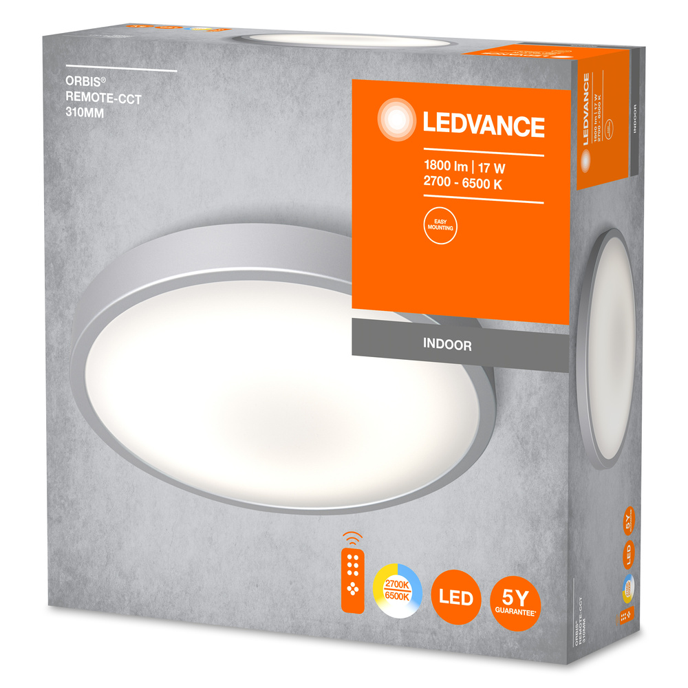 Eine Schachtel zeigt eine runde LED-Leuchte der Marke LEDVANCE. Die Schachtel ist grau und orange, mit Spezifikationen und einem Fernbedienungssymbol.