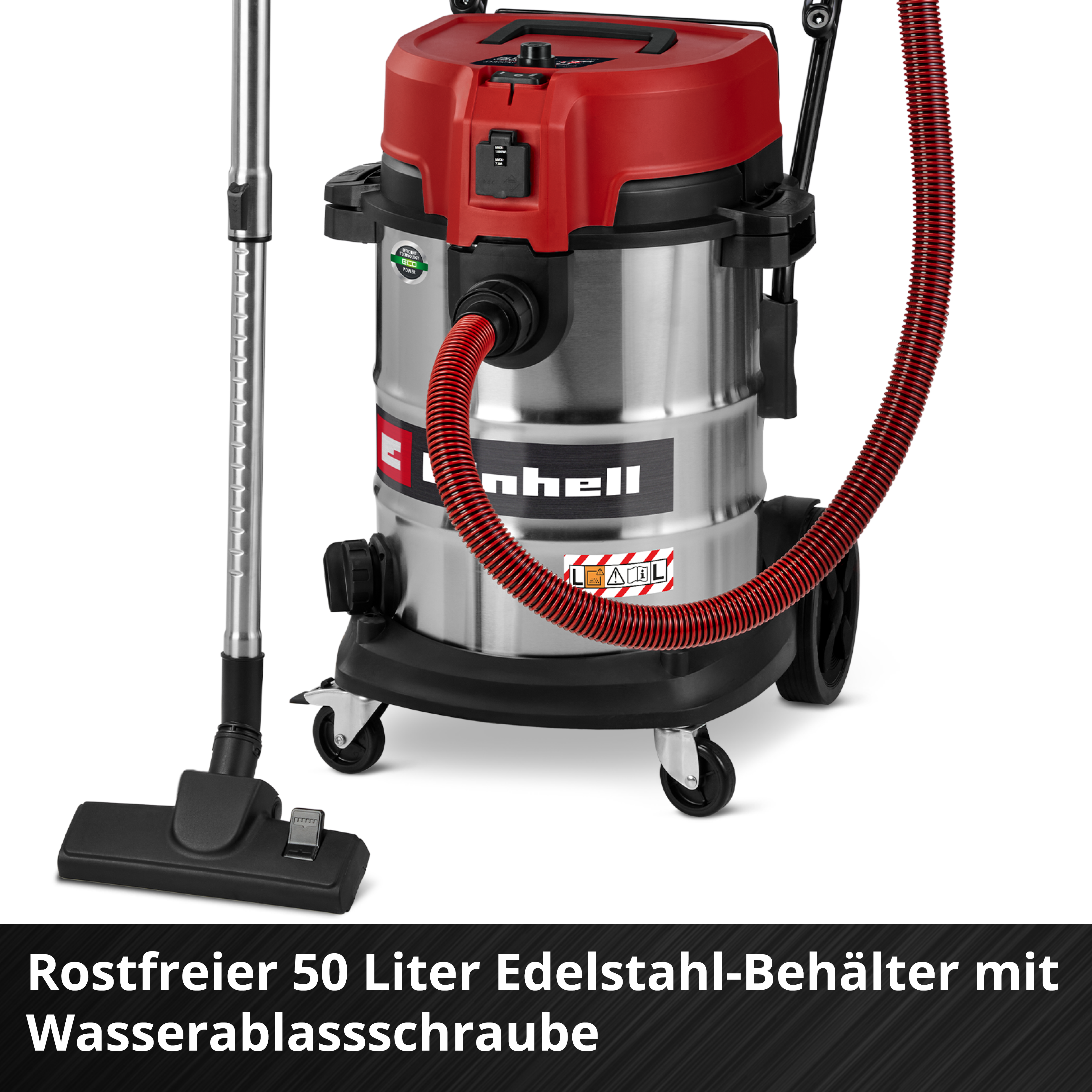 Ein Edelstahl-Staubsauger von Einhell. Er hat einen roten Deckel, einen silbernen Körper, eine schwarze Düse und einen roten Schlauch.