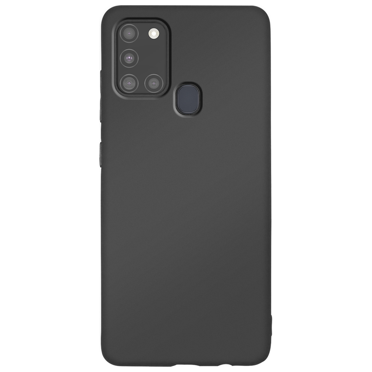 Una custodia nera per smartphone. Ha un modulo fotocamera con più lenti e un sensore di impronte digitali. La custodia è liscia.
