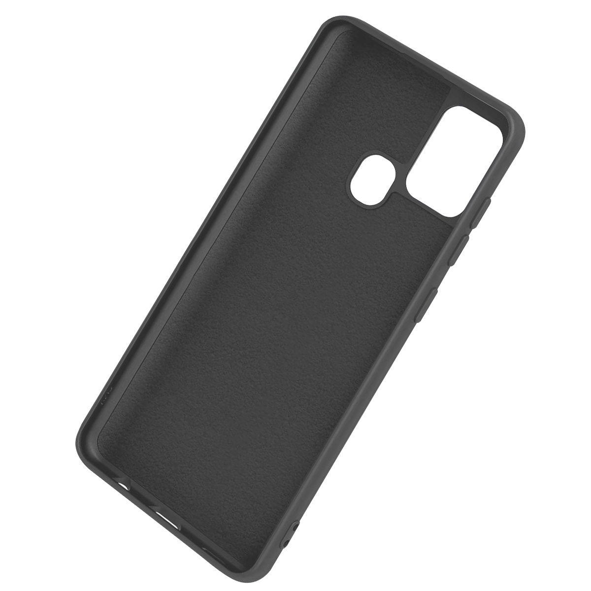 Custodia nera per telefono con ritagli per fotocamera e pulsanti, su sfondo bianco, vista angolata.