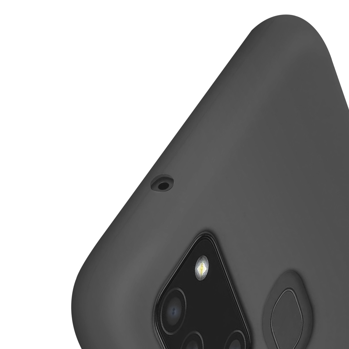 Primo piano di un telefono grigio scuro. Visibili il modulo fotocamera, il sensore di impronte digitali e un foro. Sfondo bianco.