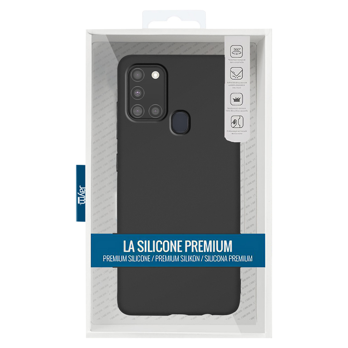 Una custodia nera per telefono all'interno di una confezione trasparente. Il testo sulla confezione recita 'LA SILICONE PREMIUM'.
