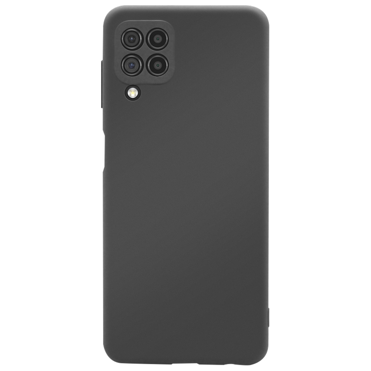 Una custodia per telefono grigio scuro. Ha un rigonfiamento della fotocamera con quattro lenti e un flash. Lo sfondo è bianco.