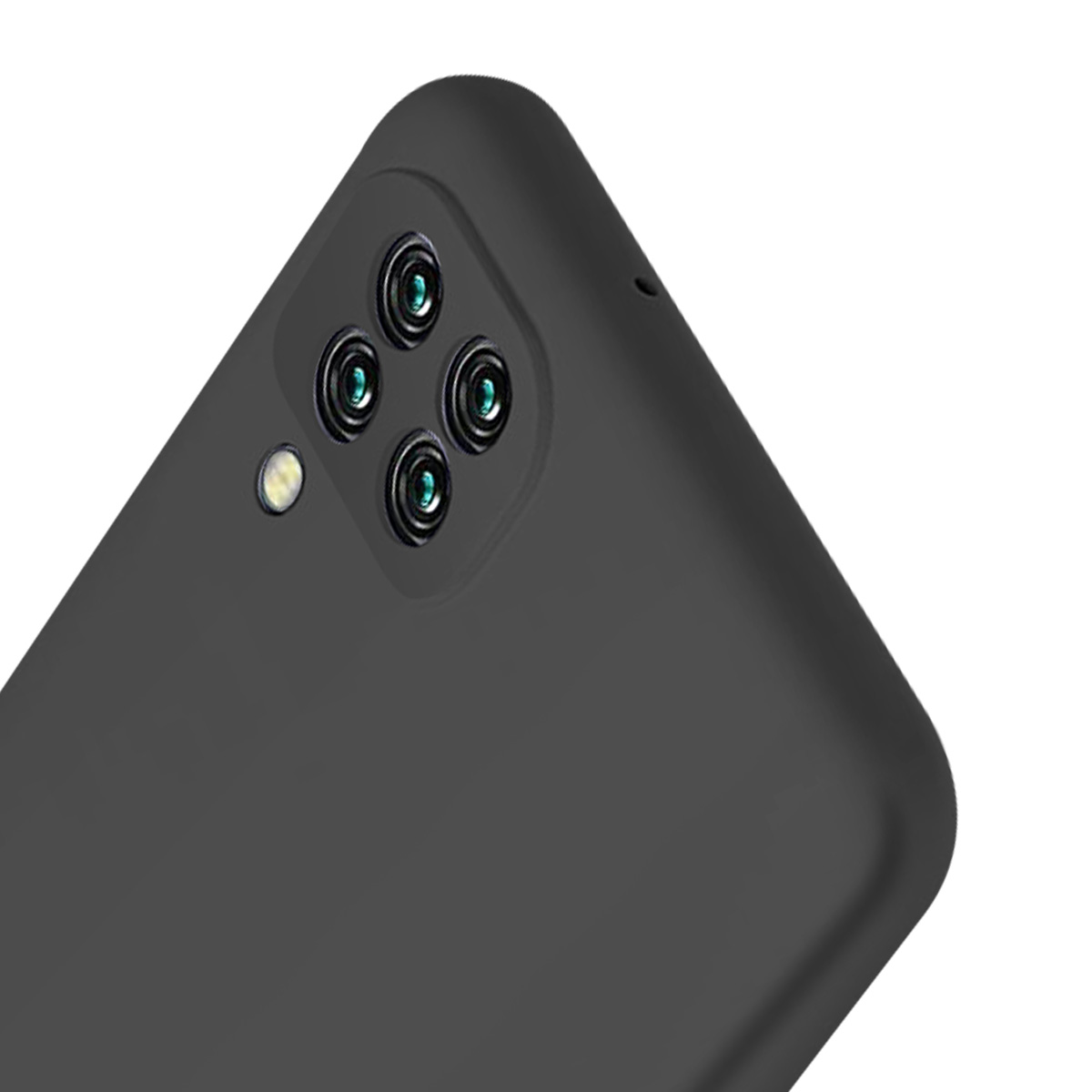 Primo piano di una custodia per telefono nera. Sono visibili quattro obiettivi della fotocamera e un flash. Lo sfondo è bianco.