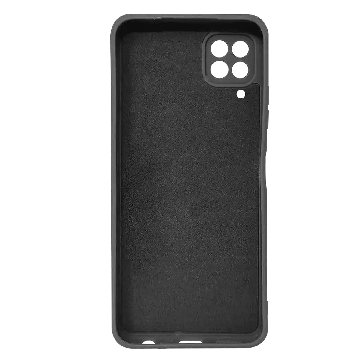 Una custodia per telefono nera, rettangolare, con fori per la fotocamera e una superficie interna strutturata. La custodia ha una finitura opaca e bordi arrotondati.
