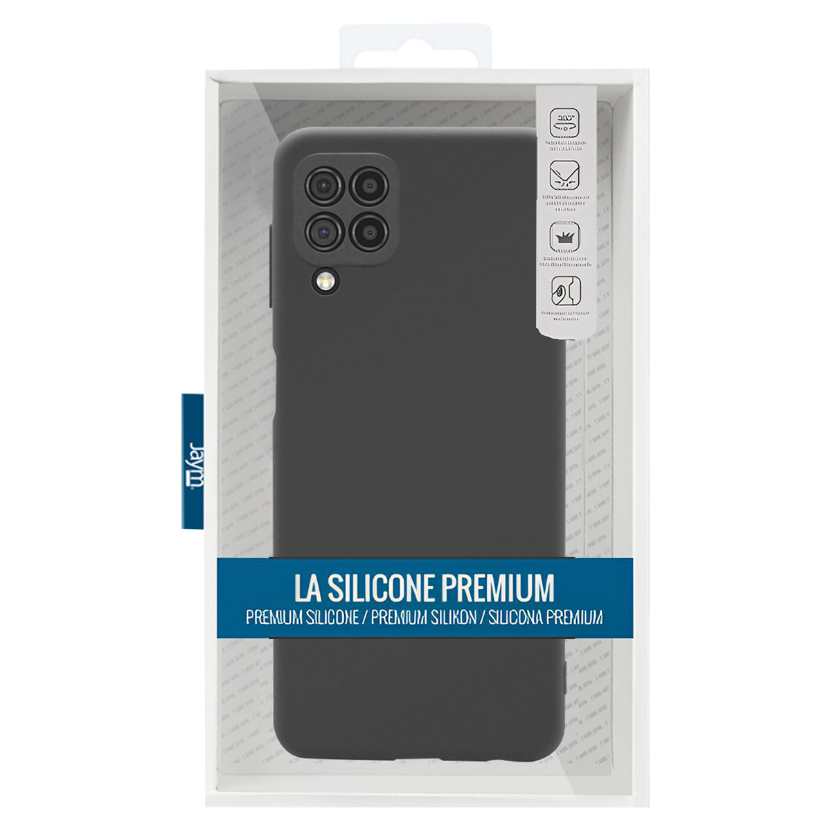 Una custodia nera per telefono in una scatola di plastica trasparente. Il testo in basso recita 'LA SILICONE PREMIUM' in blu. La custodia ha più fori per la fotocamera.