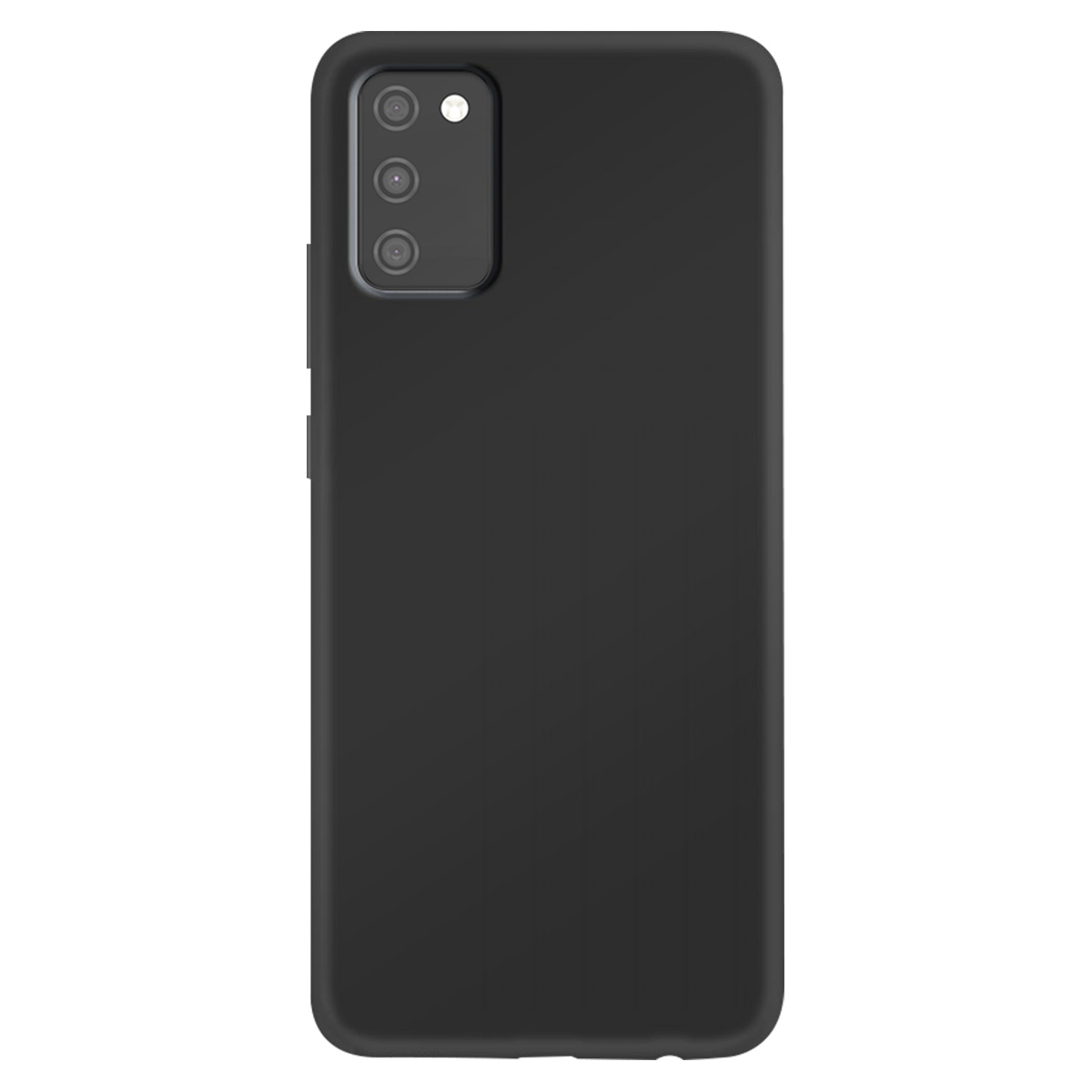Viene mostrato uno smartphone nero con una fotocamera a triplo obiettivo. Il telefono è in una custodia nera e lo sfondo è bianco.