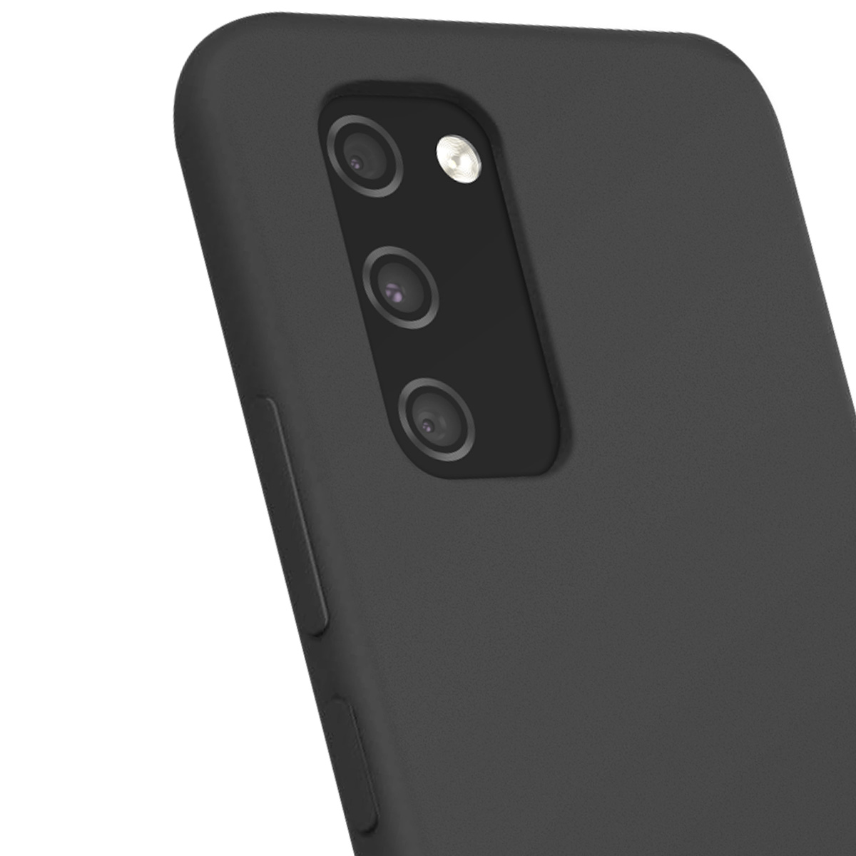 Primo piano di uno smartphone nero. Sono visibili tre obiettivi, insieme a un flash. Il lato del telefono presenta pulsanti.
