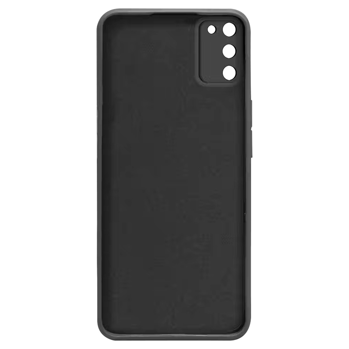 Una custodia per telefono nera. Ha un ritaglio per la fotocamera con tre fori circolari. La custodia è rettangolare con angoli arrotondati.