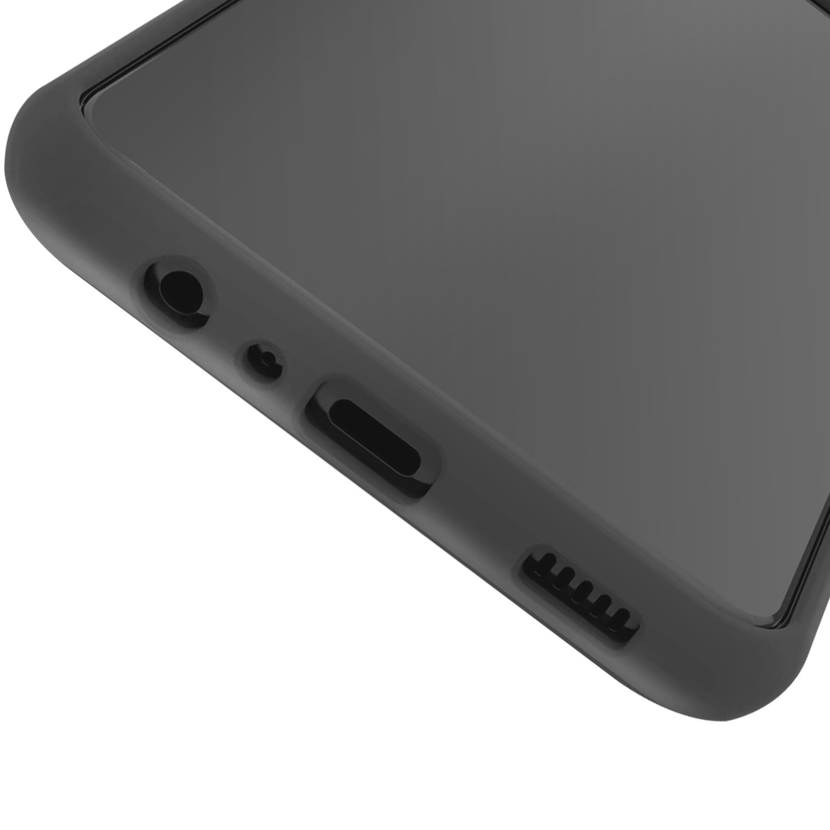 Primo piano di uno smartphone nero. Visibili l'altoparlante, la porta di ricarica e un microfono, su sfondo bianco.