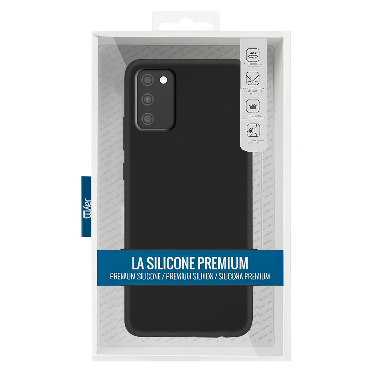 Una custodia nera per telefono in una scatola di plastica trasparente. Il testo dice 'LA SILICONE PREMIUM'. La custodia ha tre fotocamere.