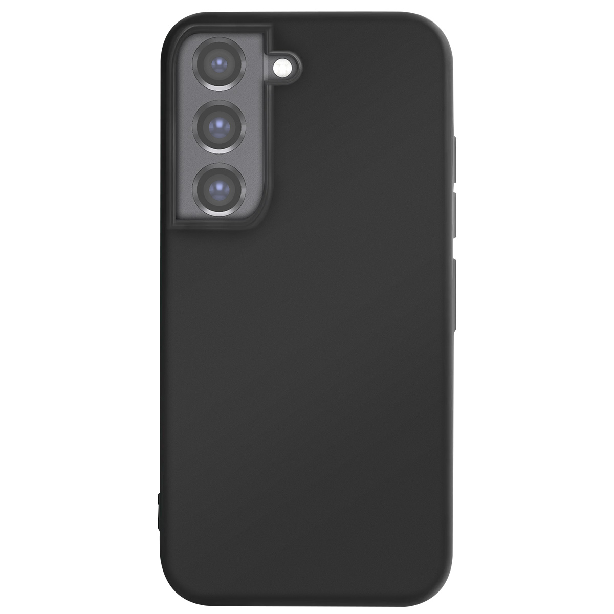 Custodia nera per telefono con tre lenti della fotocamera e un flash. La custodia è rettangolare con bordi arrotondati. Sfondo bianco.