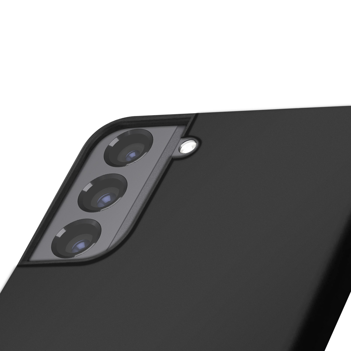Primo piano di uno smartphone nero. Sono visibili tre obiettivi e un flash. Il telefono è nero con sfondo bianco.