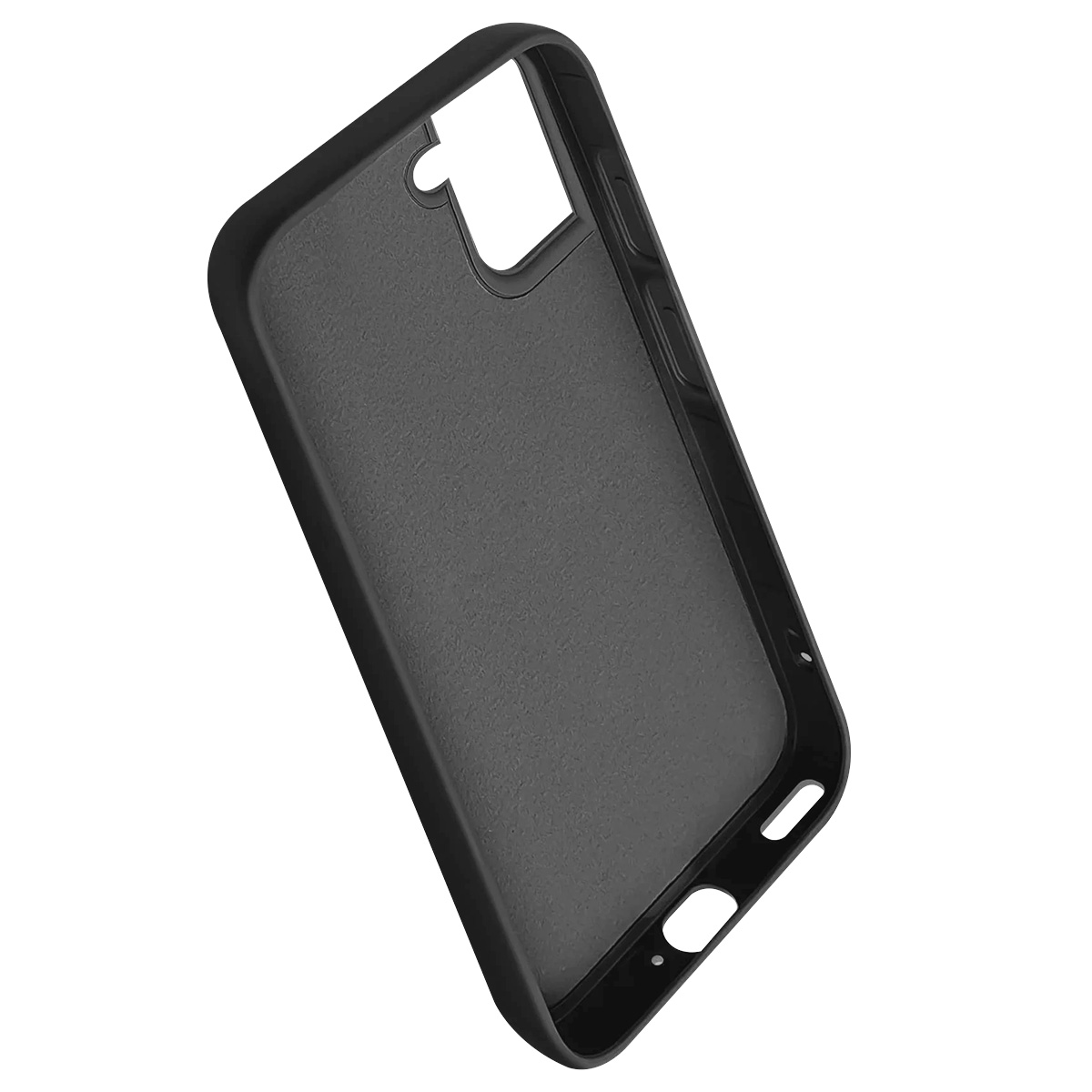 Una custodia nera per telefono, angolata, che mostra l'interno e l'esterno. Ha aperture per la fotocamera, i pulsanti e le porte. Lo sfondo è bianco.