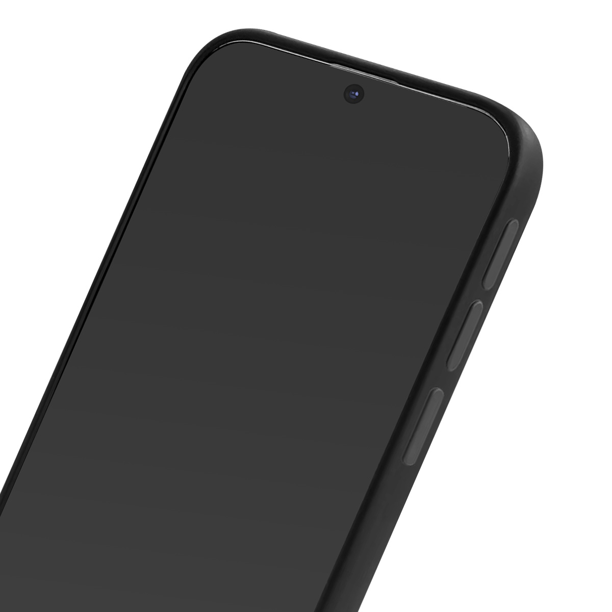 Primo piano di uno smartphone nero. Lo schermo è scuro, con una fotocamera visibile. Il telefono ha una custodia nera e pulsanti laterali.