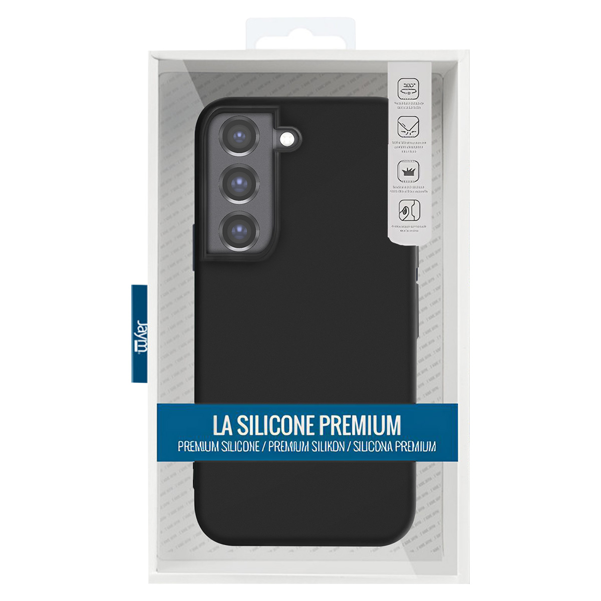 Una custodia nera per telefono in una confezione trasparente. La custodia ha un ritaglio per la fotocamera. Il testo dice 'LA SILICONE PREMIUM'.