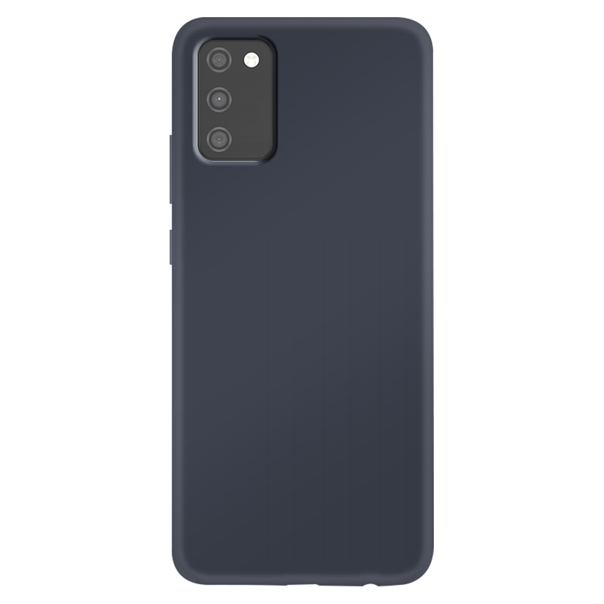Una custodia per telefono blu scuro con un modulo fotocamera su sfondo bianco. La custodia ha una superficie liscia.