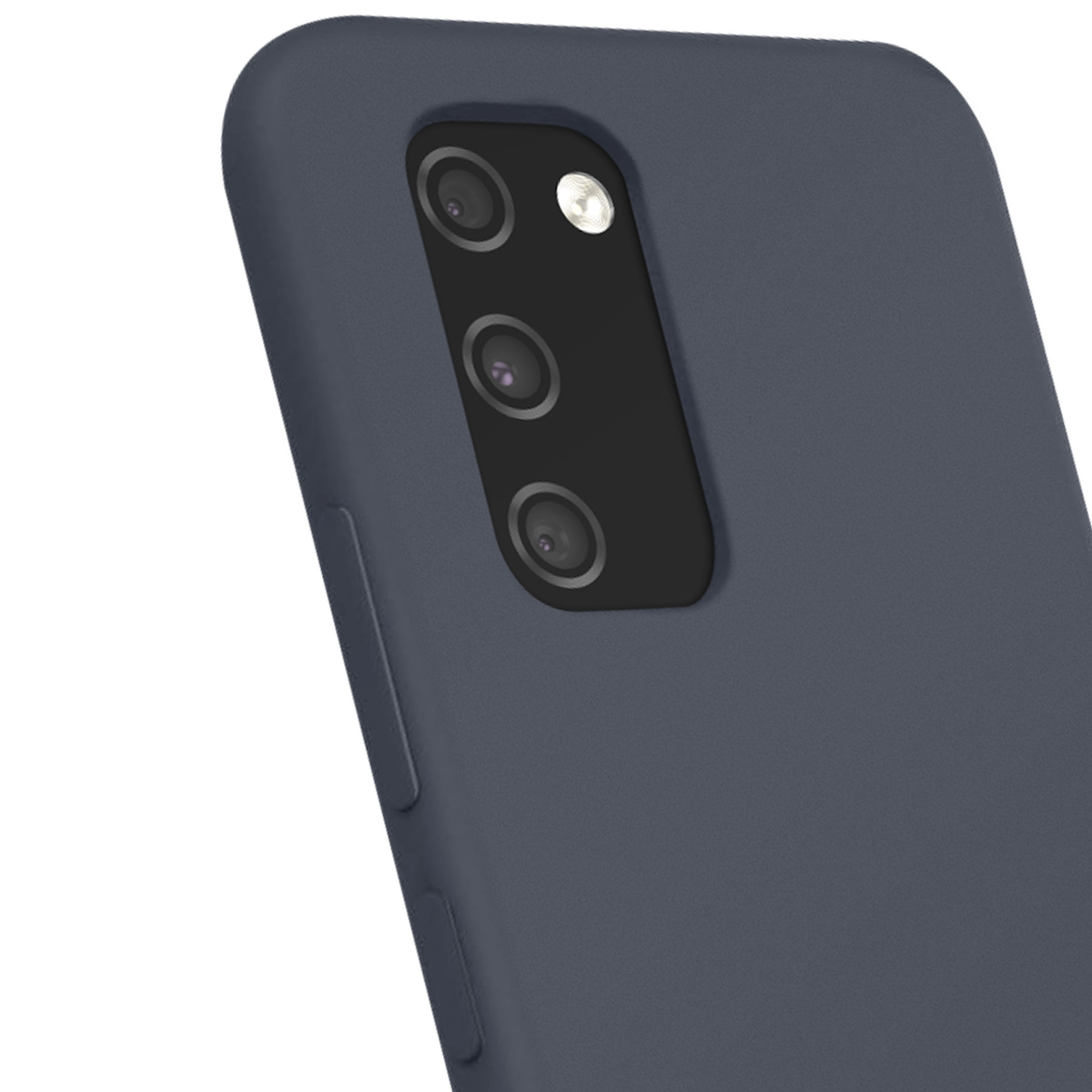 Primo piano di un telefono blu scuro con tre obiettivi e un flash. Il telefono è su sfondo bianco.