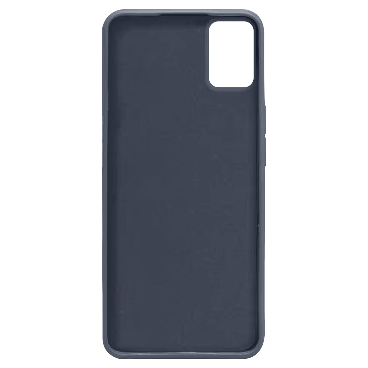 Una custodia per telefono grigio scuro con un ritaglio per la fotocamera. La custodia ha angoli arrotondati e pulsanti sul lato destro.