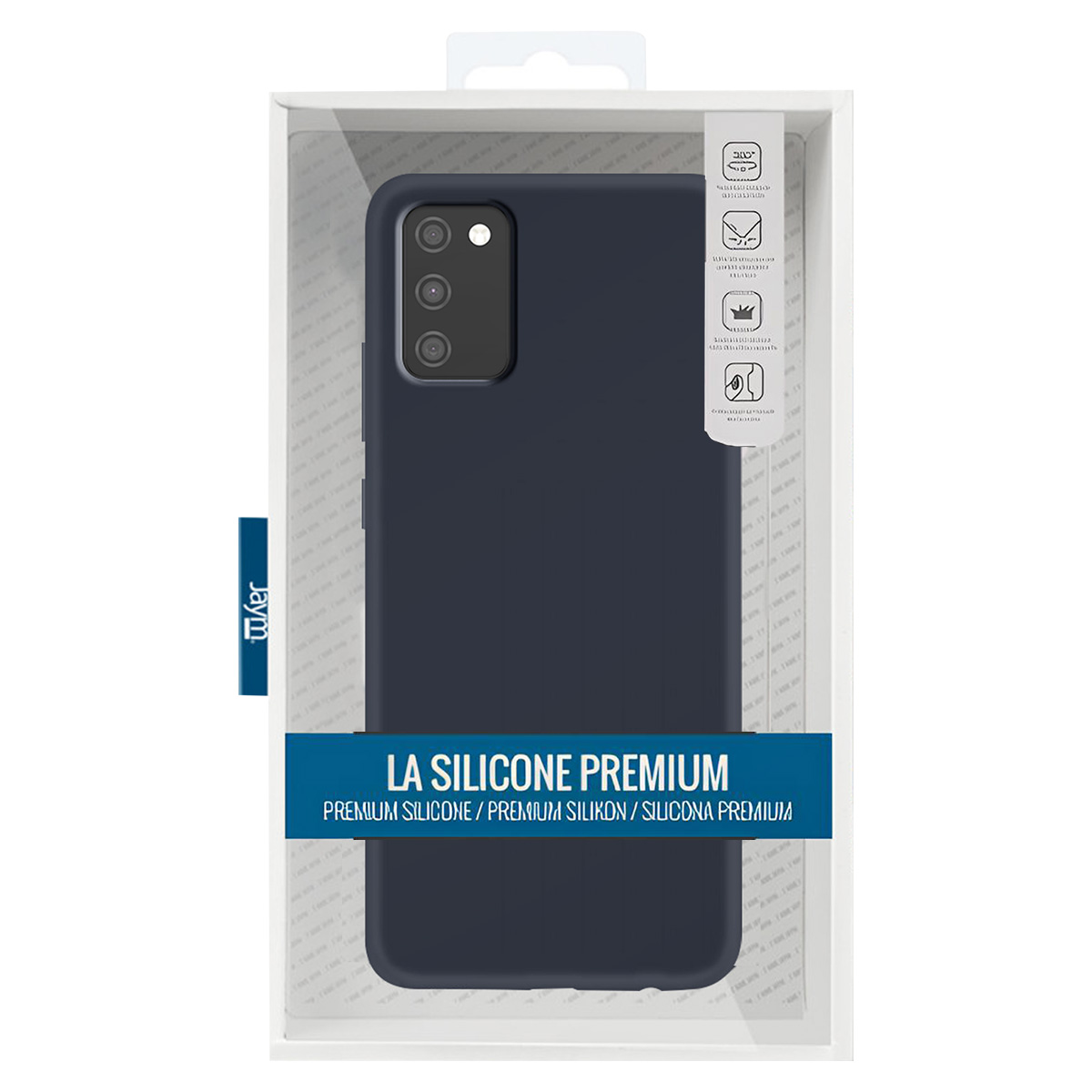 Una custodia per telefono blu navy in una confezione trasparente. La confezione riporta la scritta 'LA SILICONE PREMIUM'. La custodia ha un ritaglio per la fotocamera.