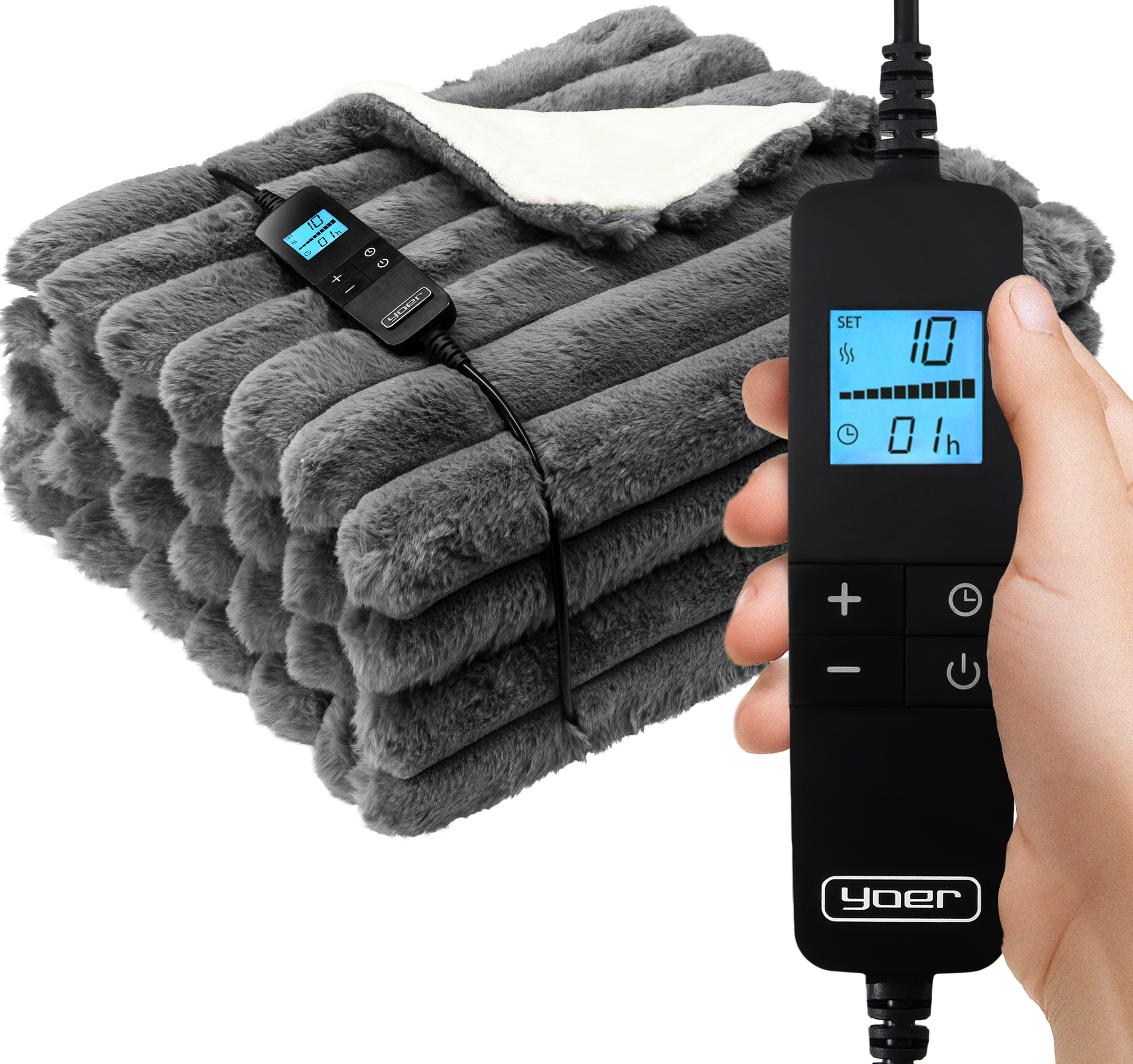 Szary koc ogrzewany z panelem sterowania w dłoni. Panel wyświetla temperaturę i ustawienia timera.