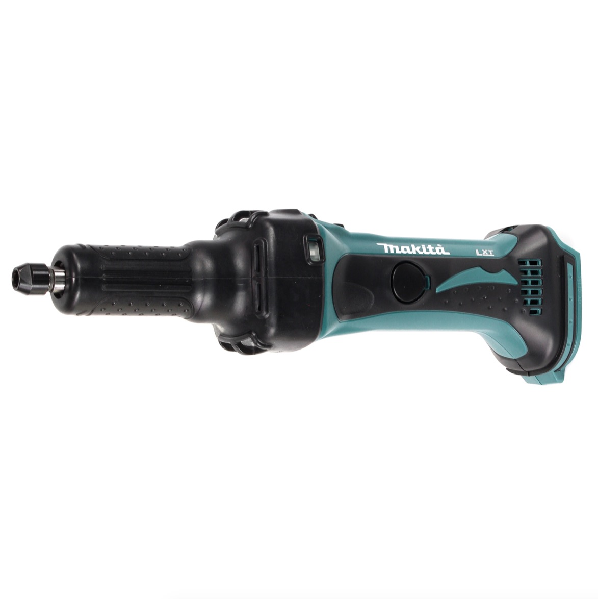 Ein Makita LXT Elektrowerkzeug. Es hat einen schwarzen und tealfarbenen Körper mit einer schwarzen Front. Es ist auf weißem Hintergrund.