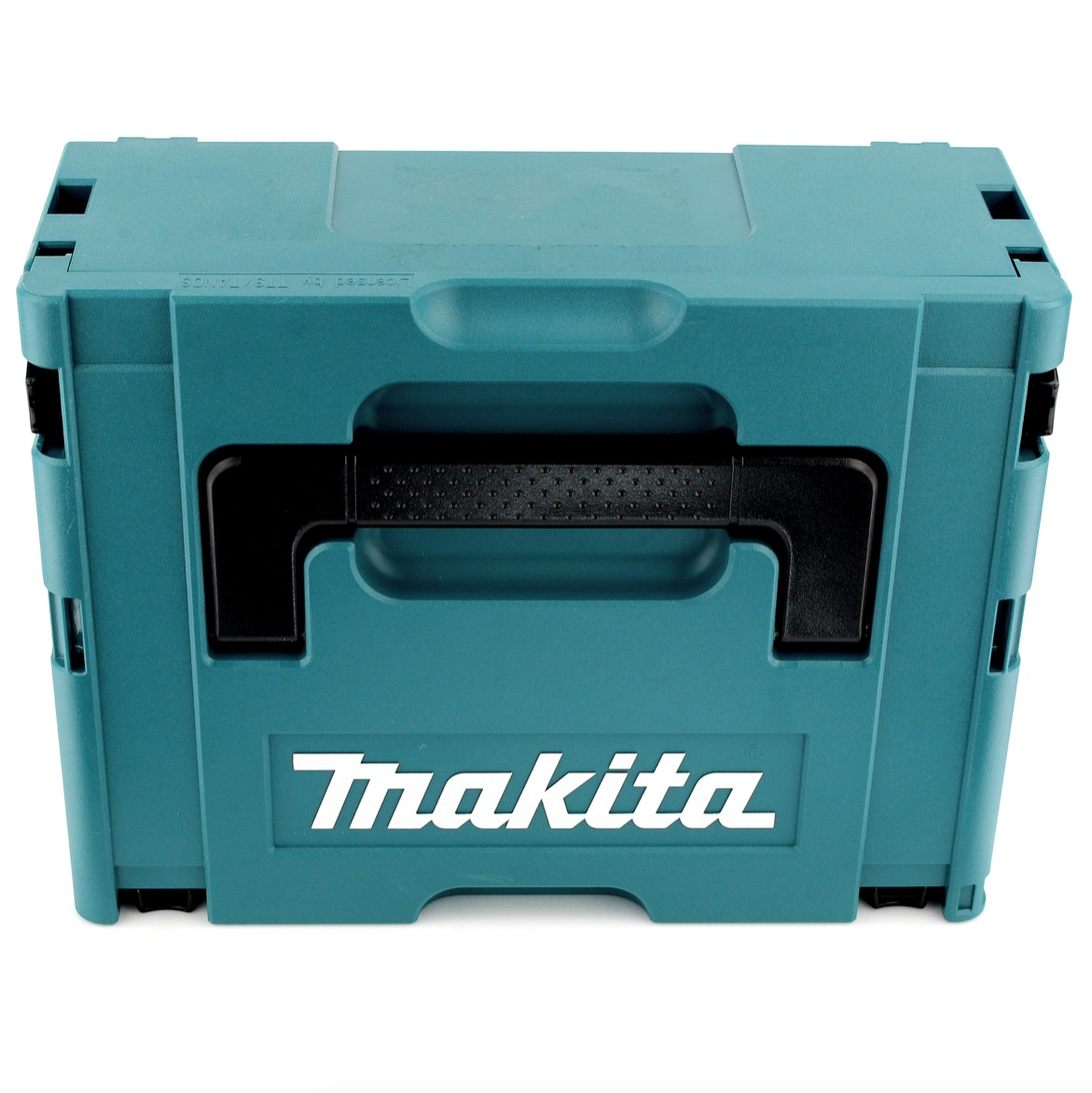 Eine tealfarbene Makita-Werkzeugkiste mit schwarzem Griff und weißem Makita-Logo. Es steht auf einer weißen Oberfläche.