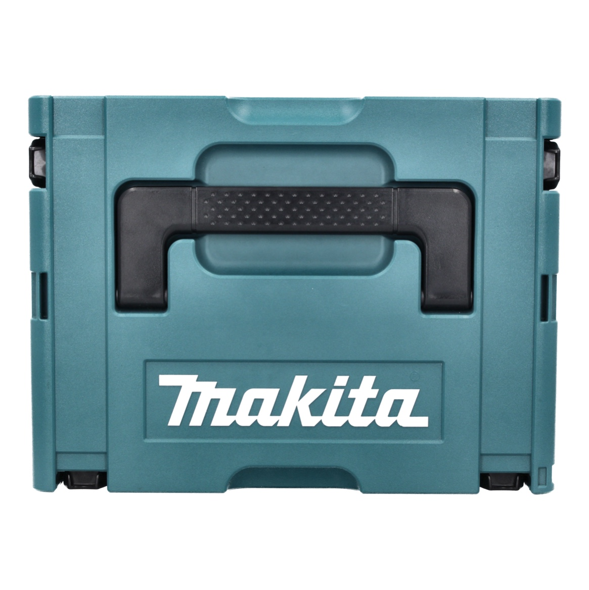Eine türkisfarbene Makita-Werkzeugkiste mit schwarzem Griff und dem Makita-Logo auf der Vorderseite. Die Werkzeugkiste ist geschlossen.