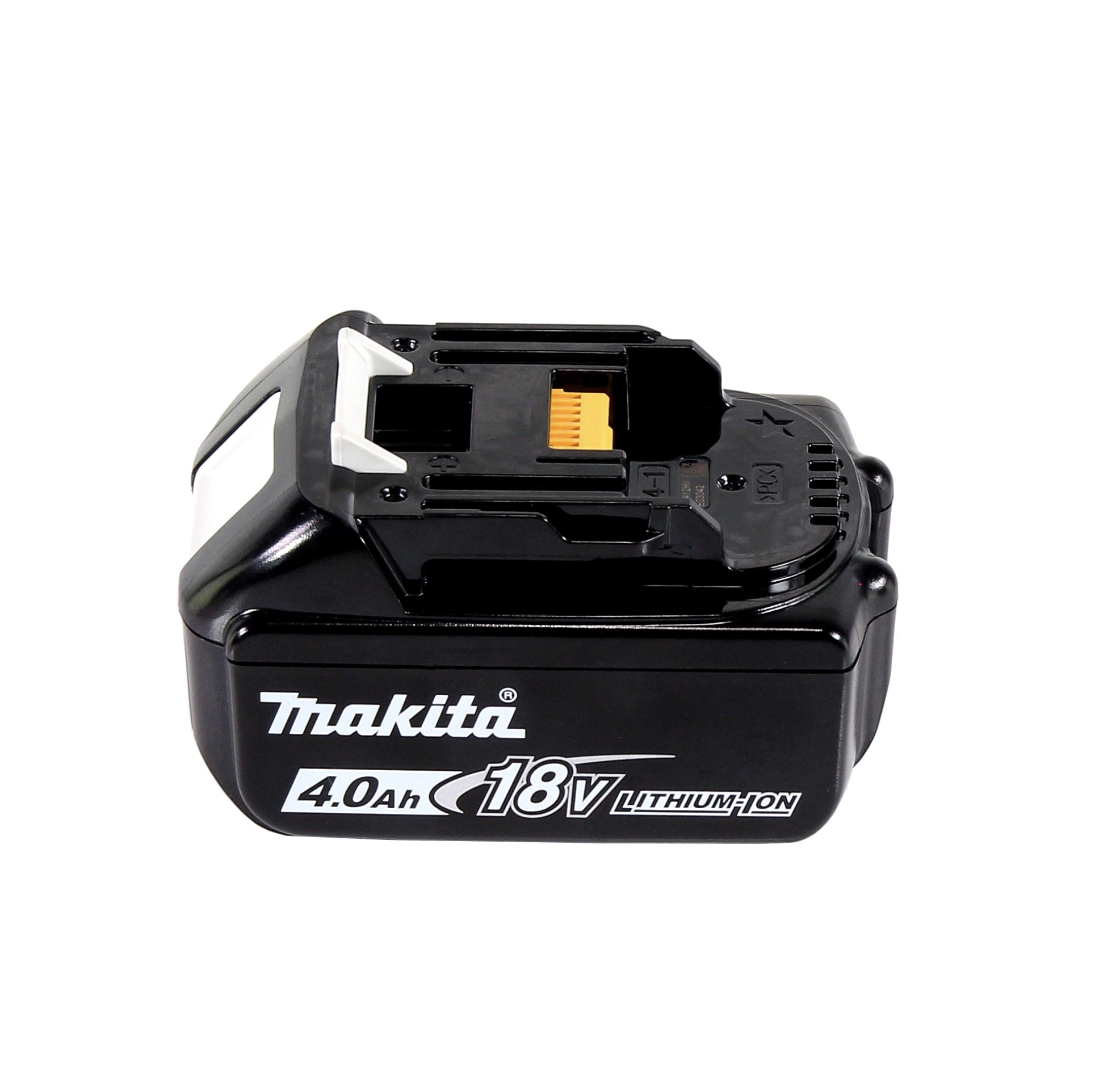 Ein schwarzer Makita 18V 4.0Ah Li-Ion-Akku. Er hat ein schwarzes Gehäuse mit weißen und orangen Akzenten. Der Markenname ist sichtbar.