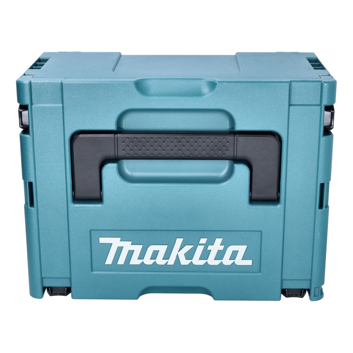 Eine teal Makita Werkzeugkiste mit einem schwarzen Griff. Das Makita Logo ist sichtbar. Die Werkzeugkiste ist geschlossen.