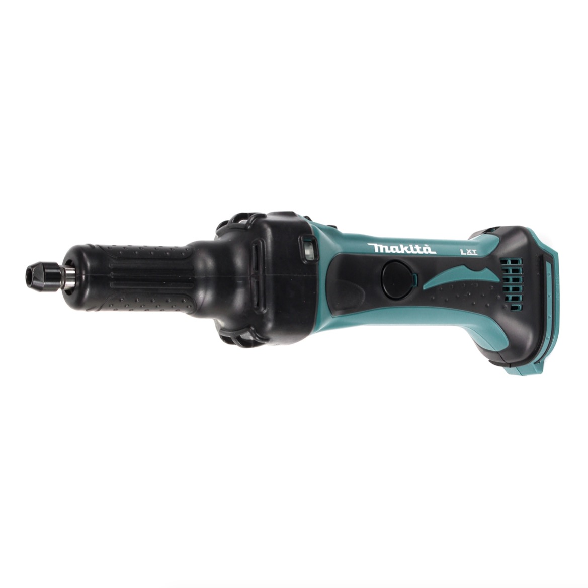 Ein teal-schwarzes Makita LXT-Elektrowerkzeug liegt auf einer weißen Oberfläche. Das Werkzeug ist ein Schleifer.