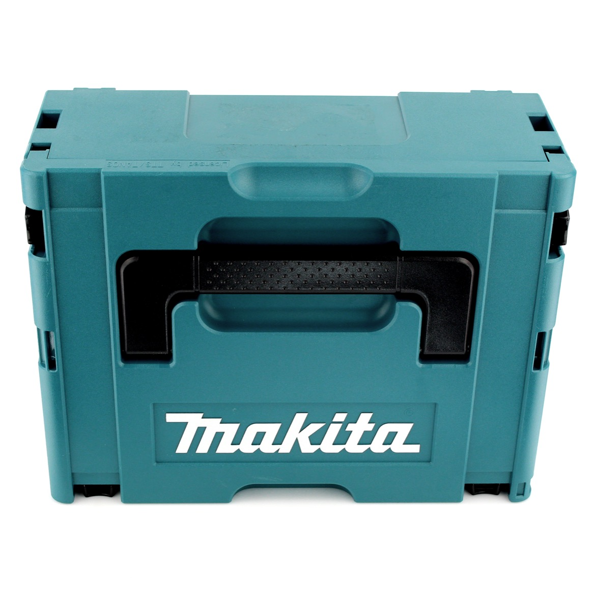 Eine tealfarbene Makita-Werkzeugkiste mit schwarzem Griff und dem Makita-Logo in Weiß auf der Vorderseite, auf weißem Hintergrund.