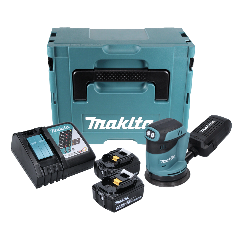 Ein tealfarbenes Makita-Elektrowerkzeugset, einschließlich eines Schleifers, Ladegeräts, zwei Akkus und einer Werkzeugbox, alles auf weißem Hintergrund.