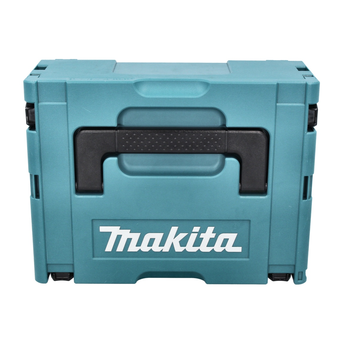 Eine türkisfarbene Makita-Werkzeugkiste mit schwarzem Griff und dem Markennamen in Weiß.