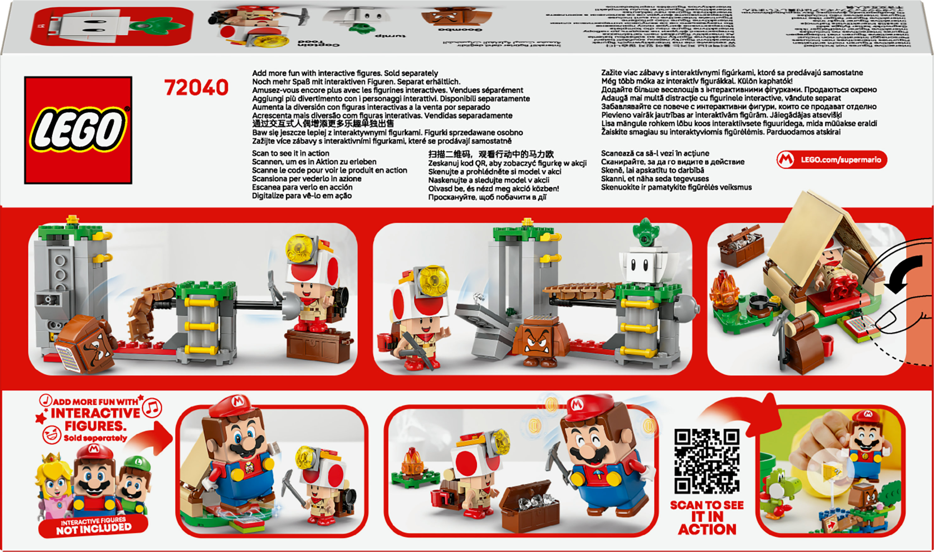 Pudełko zestawu LEGO z figurkami Mario, Toadem i sceną obozu. Czerwono-białe pudełko ze szczegółami produktu.