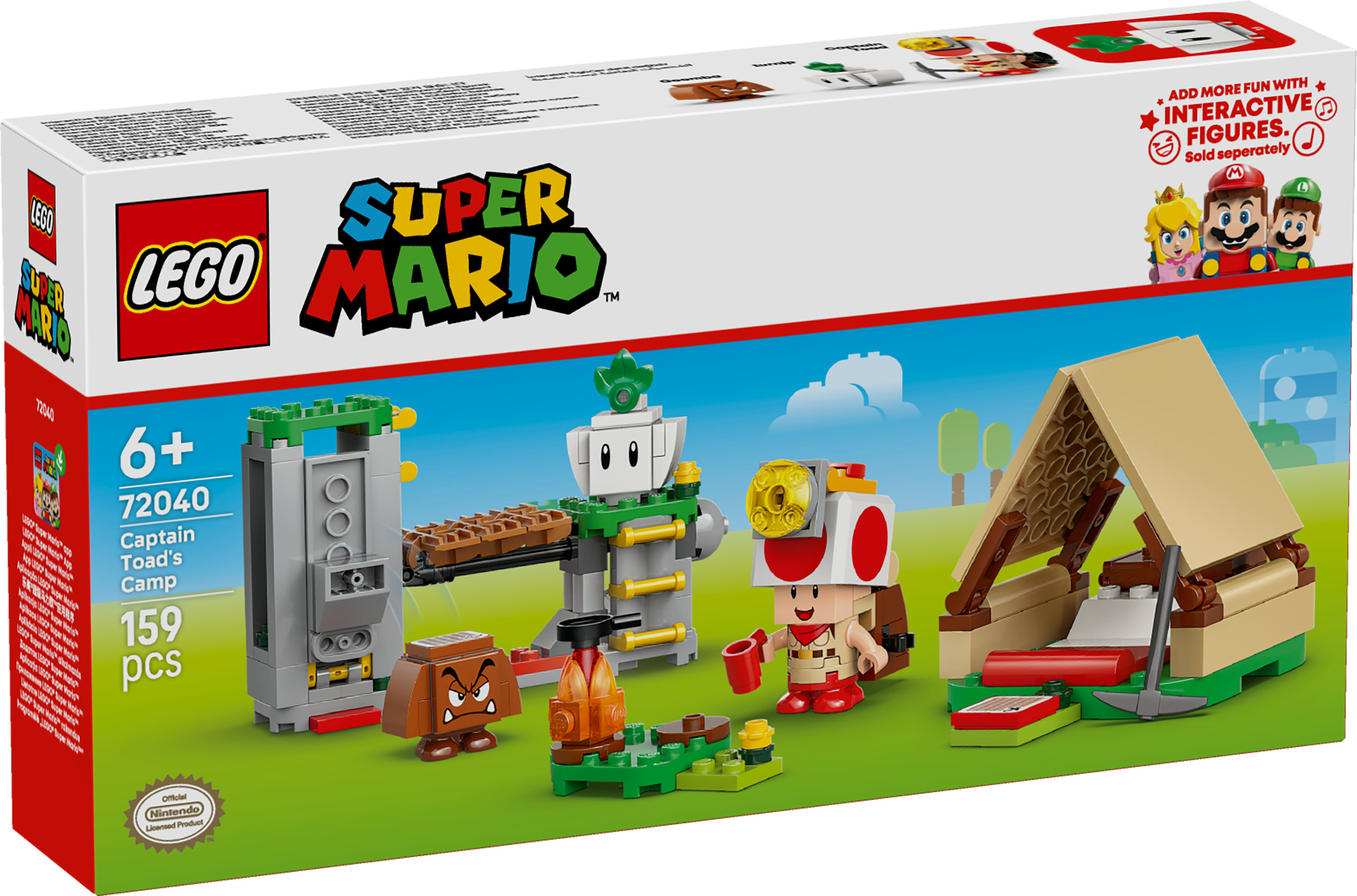 Zestaw Lego Super Mario. Zawiera Kapitana Toada, Goombę, ognisko, namiot i inne elementy Mario. Kolorowy i szczegółowy.
